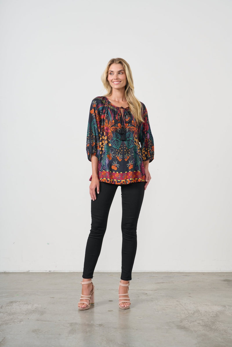 HOLMES AND FALLON_TIE NECK BLOUSE TROPICAL PRINT _ TIE NECK BLOUSE TROPICAL PRINT _ Ebony Boutique NZ