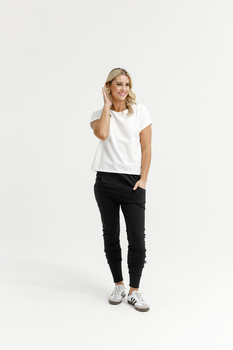 HOME - LEE_APARTMENT PANTS BLACK WITH WHITE PRINT _ APARTMENT PANTS BLACK WITH WHITE PRINT _ Ebony Boutique NZ