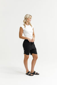 HOME - LEE_APARTMENT SHORTS BLACK WITH WHITE PRINT _ APARTMENT SHORTS BLACK WITH WHITE PRINT _ Ebony Boutique NZ