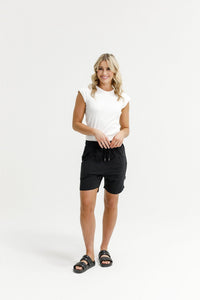 HOME - LEE_APARTMENT SHORTS BLACK WITH WHITE PRINT _ APARTMENT SHORTS BLACK WITH WHITE PRINT _ Ebony Boutique NZ