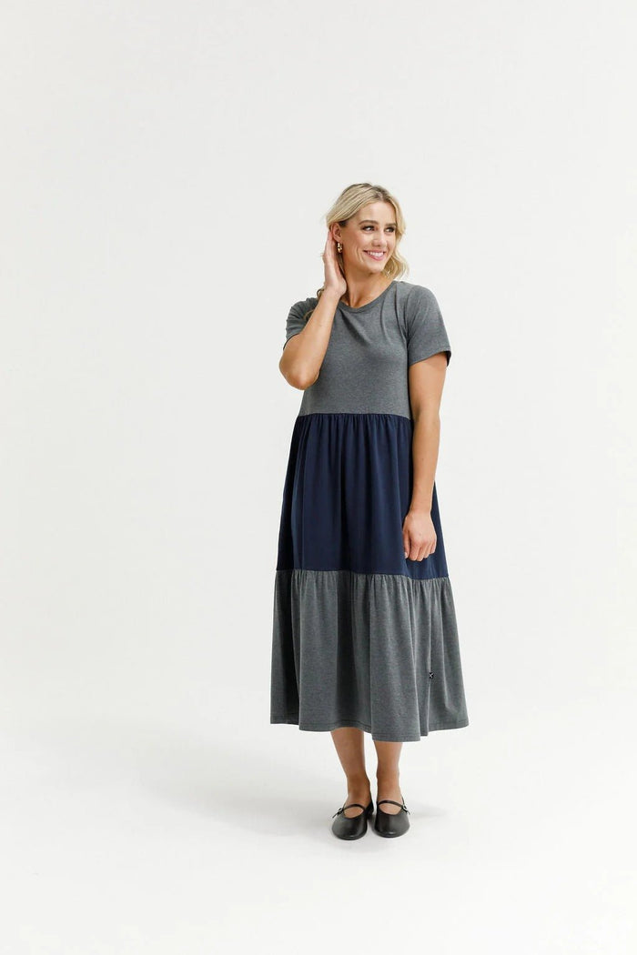 KAITLIN DRESS CHARCOAL AND NAVY_by_HOME LEE_women's_in_New Zealand_ KAITLIN DRESS CHARCOAL AND NAVY _