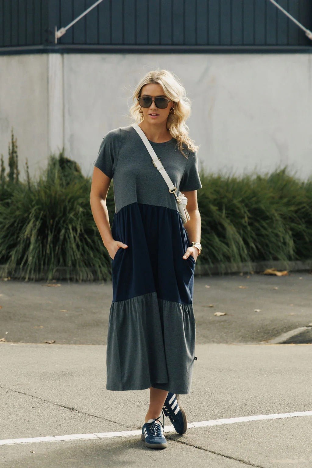 KAITLIN DRESS CHARCOAL AND NAVY_by_HOME LEE_women's_in_New Zealand_ KAITLIN DRESS CHARCOAL AND NAVY _