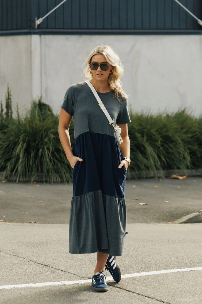 KAITLIN DRESS CHARCOAL AND NAVY_by_HOME LEE_women's_in_New Zealand_ KAITLIN DRESS CHARCOAL AND NAVY _