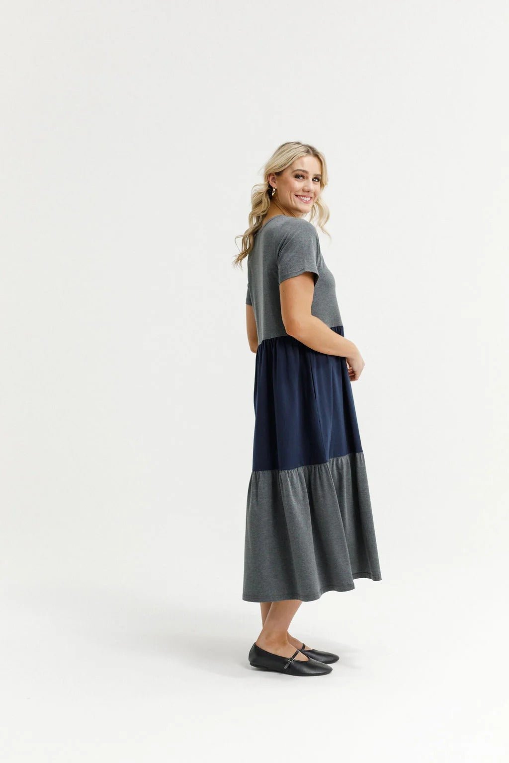 KAITLIN DRESS CHARCOAL AND NAVY_by_HOME LEE_women's_in_New Zealand_ KAITLIN DRESS CHARCOAL AND NAVY _