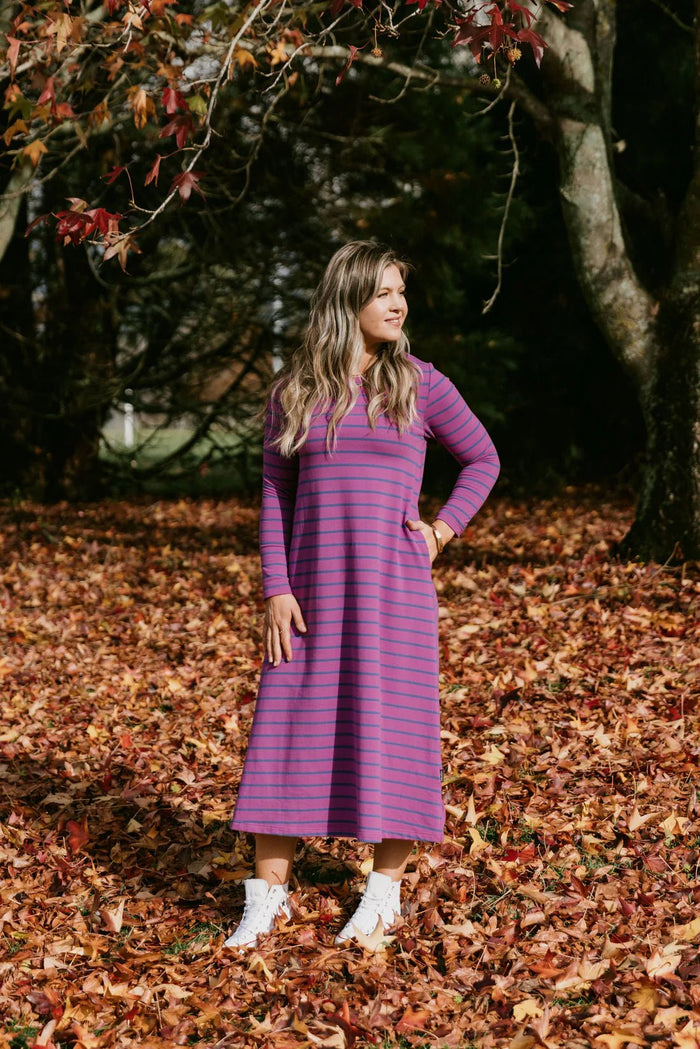 HOME - LEE_KINSLEY MIDI DRESS HYACINTH STRIPE _ KINSLEY MIDI DRESS HYACINTH STRIPE _ Ebony Boutique NZ