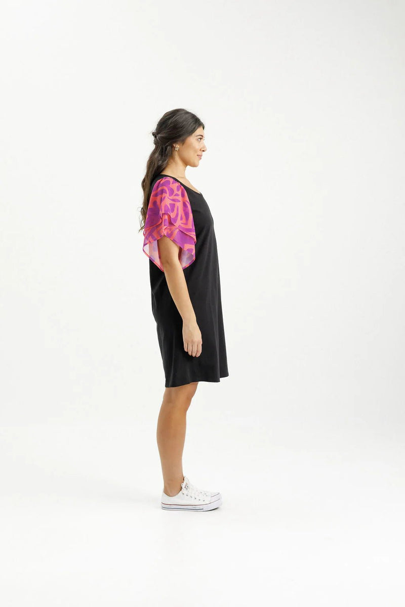 HOME LEE_LOLA DRESS BLACK WITH SUNSET FLORAL SLEEVES _ LOLA DRESS BLACK WITH SUNSET FLORAL SLEEVES _ Ebony Boutique NZ