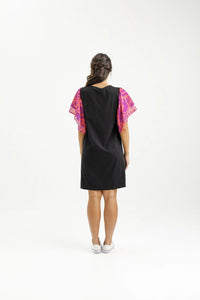 HOME LEE_LOLA DRESS BLACK WITH SUNSET FLORAL SLEEVES _ LOLA DRESS BLACK WITH SUNSET FLORAL SLEEVES _ Ebony Boutique NZ