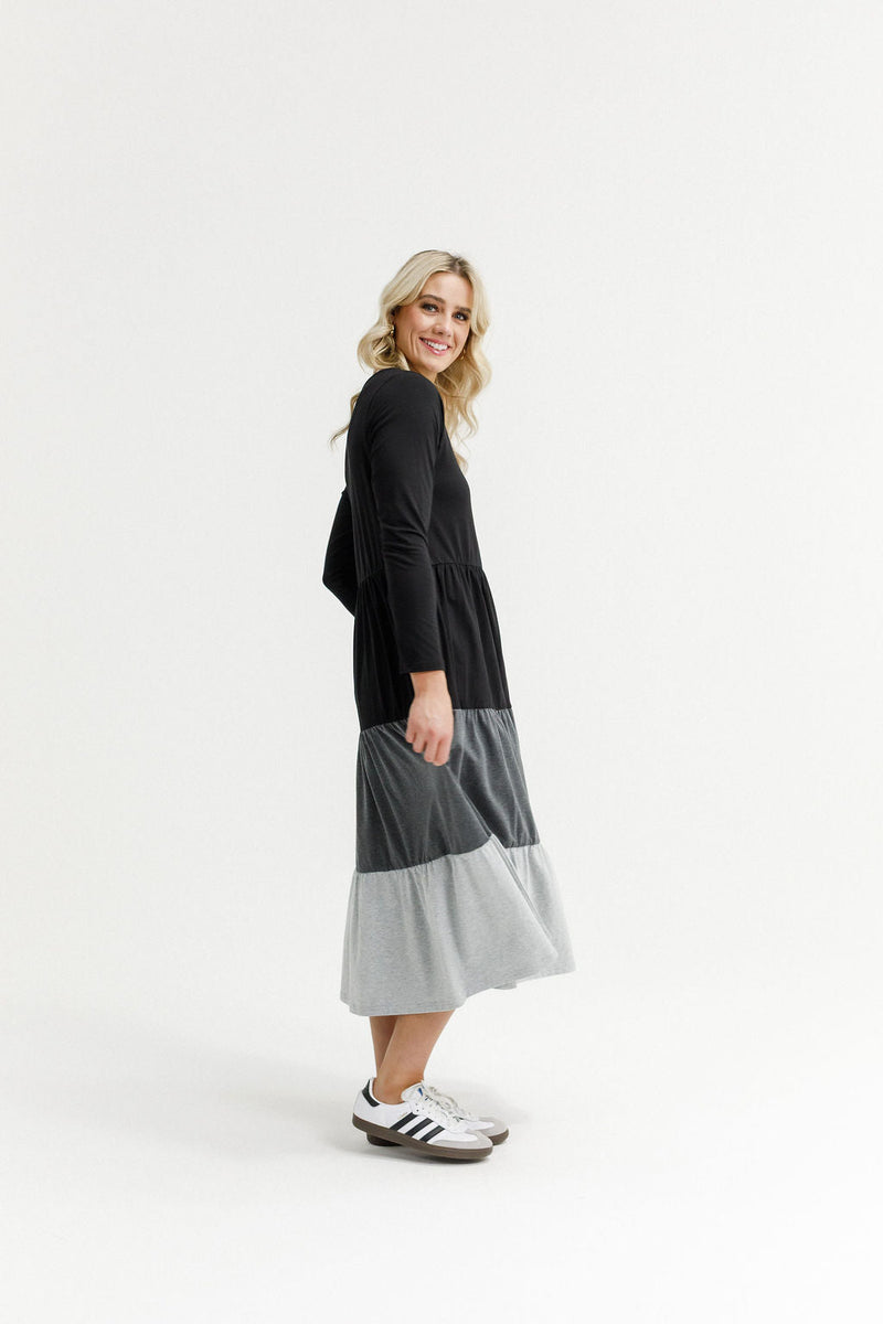 HOME - LEE_LONG SLEEVE KENDALL DRESS - BLACK/CHARCOAL/GREY _ LONG SLEEVE KENDALL DRESS - BLACK/CHARCOAL/GREY _ Ebony Boutique NZ