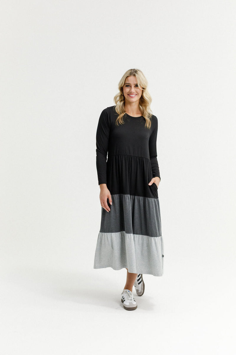 HOME - LEE_LONG SLEEVE KENDALL DRESS - BLACK/CHARCOAL/GREY _ LONG SLEEVE KENDALL DRESS - BLACK/CHARCOAL/GREY _ Ebony Boutique NZ