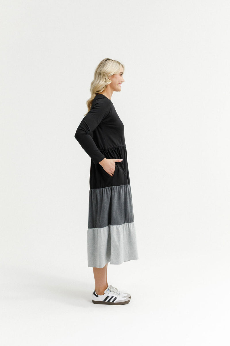 HOME - LEE_LONG SLEEVE KENDALL DRESS - BLACK/CHARCOAL/GREY _ LONG SLEEVE KENDALL DRESS - BLACK/CHARCOAL/GREY _ Ebony Boutique NZ