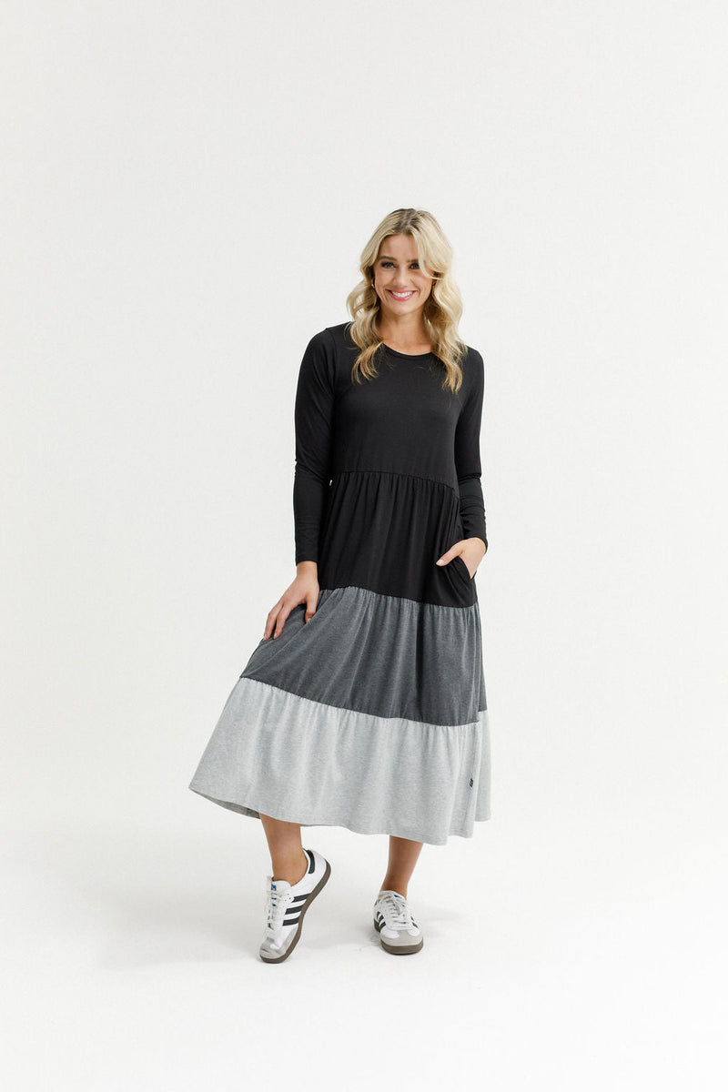 HOME - LEE_LONG SLEEVE KENDALL DRESS - BLACK/CHARCOAL/GREY _ LONG SLEEVE KENDALL DRESS - BLACK/CHARCOAL/GREY _ Ebony Boutique NZ