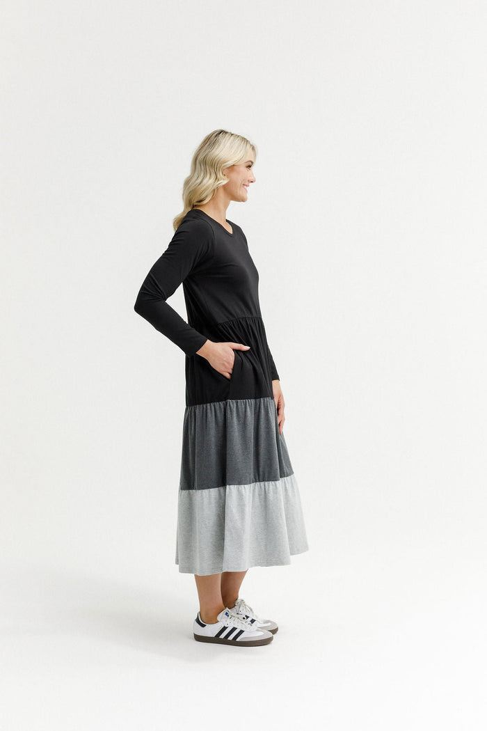 HOME - LEE_LONG SLEEVE KENDALL DRESS - BLACK/CHARCOAL/GREY _ LONG SLEEVE KENDALL DRESS - BLACK/CHARCOAL/GREY _ Ebony Boutique NZ