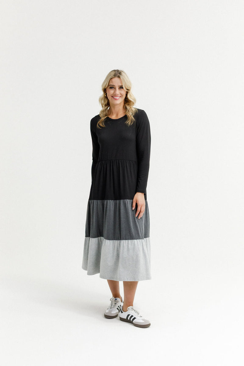 HOME - LEE_LONG SLEEVE KENDALL DRESS - BLACK/CHARCOAL/GREY _ LONG SLEEVE KENDALL DRESS - BLACK/CHARCOAL/GREY _ Ebony Boutique NZ
