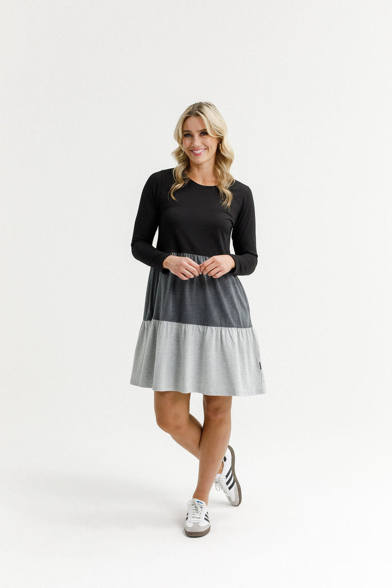 HOME - LEE_LONG SLEEVE KYLIE DRESS - BLACK/CHARCOAL/GREY _ LONG SLEEVE KYLIE DRESS - BLACK/CHARCOAL/GREY _ Ebony Boutique NZ