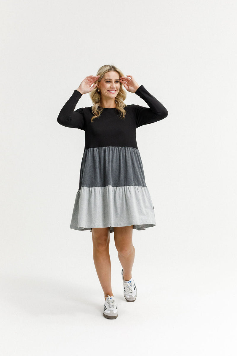 HOME - LEE_LONG SLEEVE KYLIE DRESS - BLACK/CHARCOAL/GREY _ LONG SLEEVE KYLIE DRESS - BLACK/CHARCOAL/GREY _ Ebony Boutique NZ