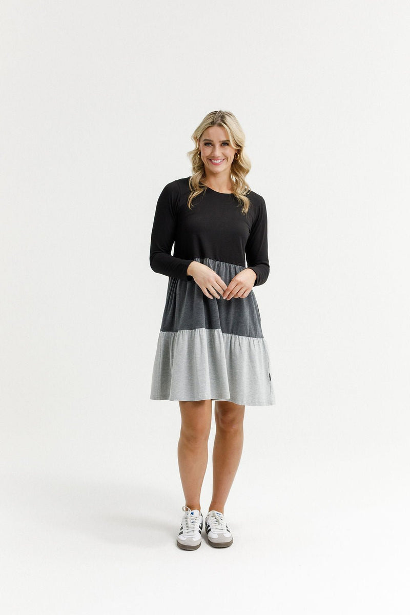 HOME - LEE_LONG SLEEVE KYLIE DRESS - BLACK/CHARCOAL/GREY _ LONG SLEEVE KYLIE DRESS - BLACK/CHARCOAL/GREY _ Ebony Boutique NZ