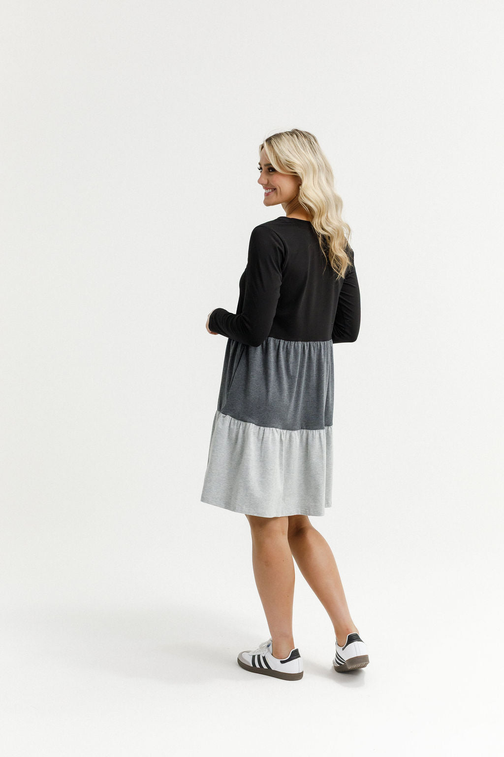 HOME - LEE_LONG SLEEVE KYLIE DRESS - BLACK/CHARCOAL/GREY _ LONG SLEEVE KYLIE DRESS - BLACK/CHARCOAL/GREY _ Ebony Boutique NZ