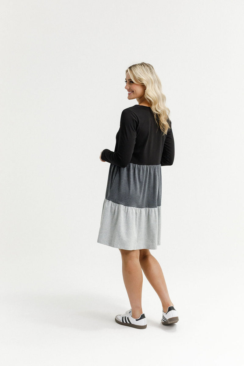 HOME - LEE_LONG SLEEVE KYLIE DRESS - BLACK/CHARCOAL/GREY _ LONG SLEEVE KYLIE DRESS - BLACK/CHARCOAL/GREY _ Ebony Boutique NZ