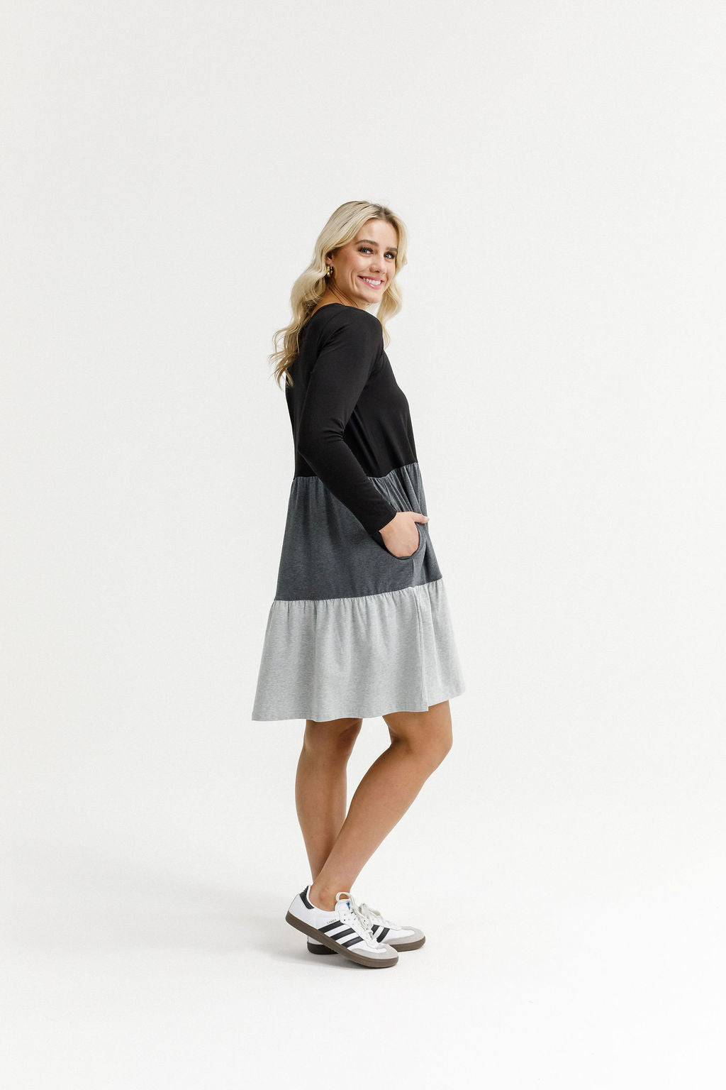 HOME - LEE_LONG SLEEVE KYLIE DRESS - BLACK/CHARCOAL/GREY _ LONG SLEEVE KYLIE DRESS - BLACK/CHARCOAL/GREY _ Ebony Boutique NZ