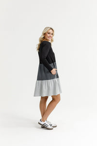 HOME - LEE_LONG SLEEVE KYLIE DRESS - BLACK/CHARCOAL/GREY _ LONG SLEEVE KYLIE DRESS - BLACK/CHARCOAL/GREY _ Ebony Boutique NZ