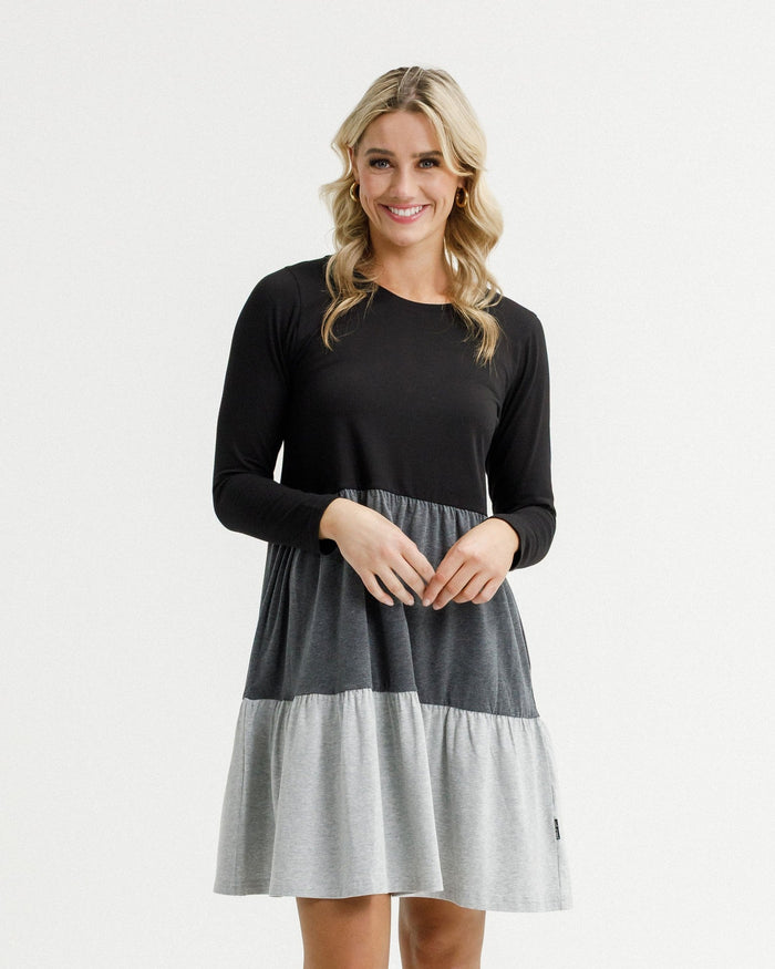 HOME - LEE_LONG SLEEVE KYLIE DRESS - BLACK/CHARCOAL/GREY _ LONG SLEEVE KYLIE DRESS - BLACK/CHARCOAL/GREY _ Ebony Boutique NZ