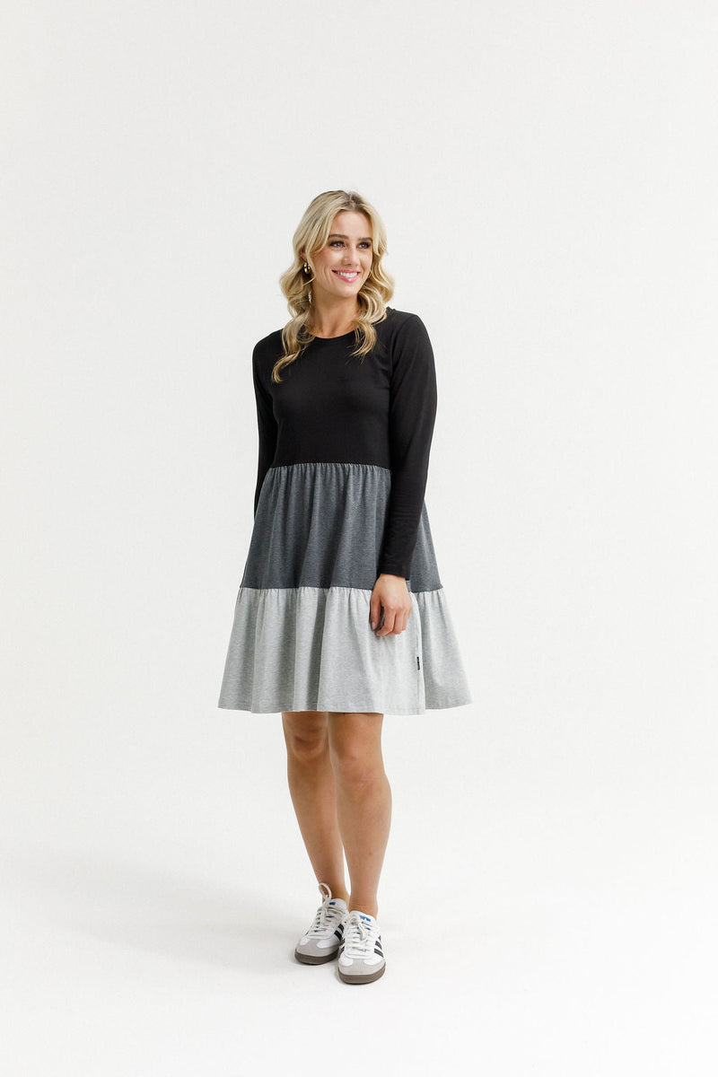 HOME - LEE_LONG SLEEVE KYLIE DRESS - BLACK/CHARCOAL/GREY _ LONG SLEEVE KYLIE DRESS - BLACK/CHARCOAL/GREY _ Ebony Boutique NZ