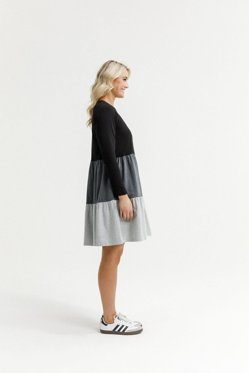 HOME - LEE_LONG SLEEVE KYLIE DRESS - BLACK/CHARCOAL/GREY _ LONG SLEEVE KYLIE DRESS - BLACK/CHARCOAL/GREY _ Ebony Boutique NZ