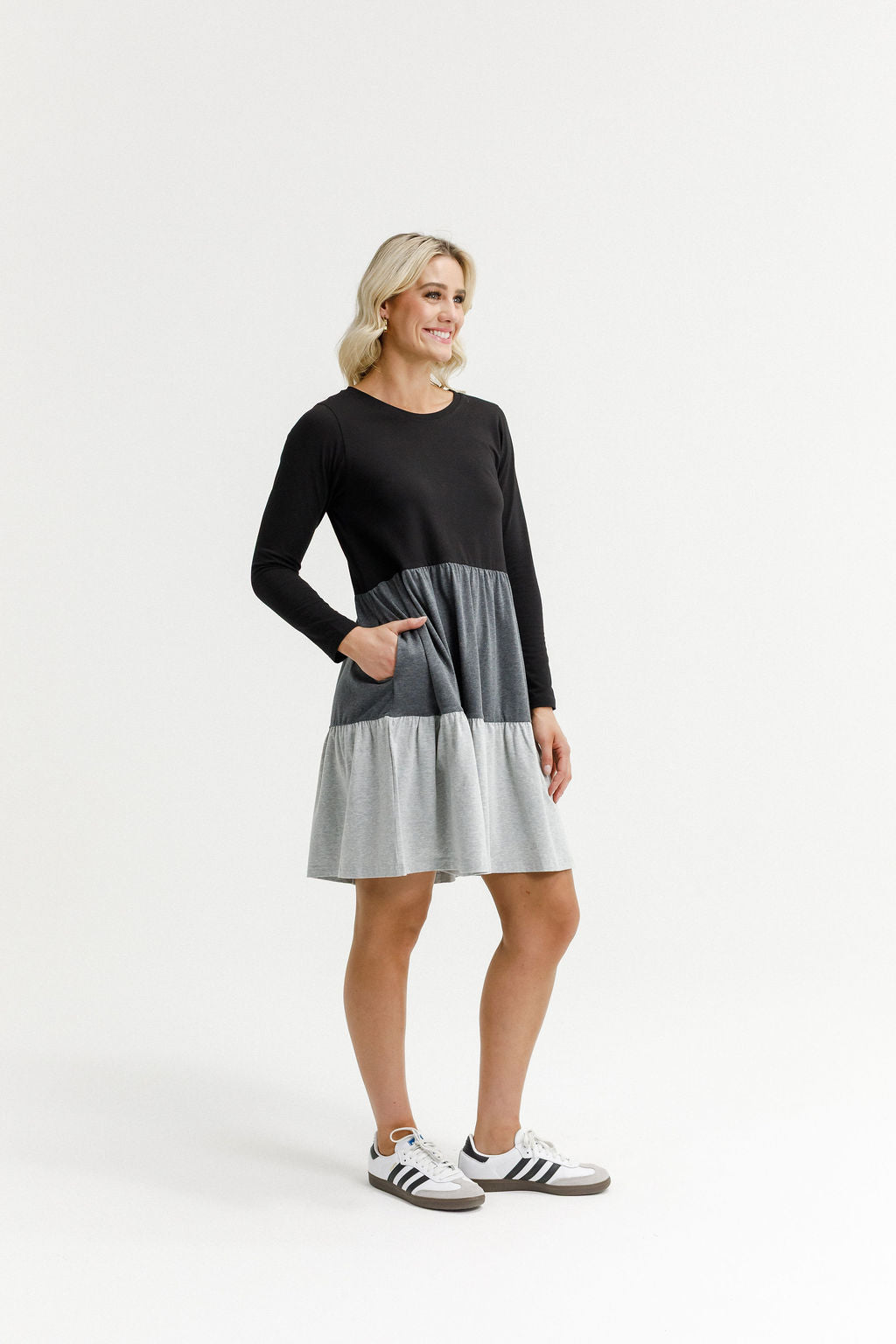 HOME - LEE_LONG SLEEVE KYLIE DRESS - BLACK/CHARCOAL/GREY _ LONG SLEEVE KYLIE DRESS - BLACK/CHARCOAL/GREY _ Ebony Boutique NZ