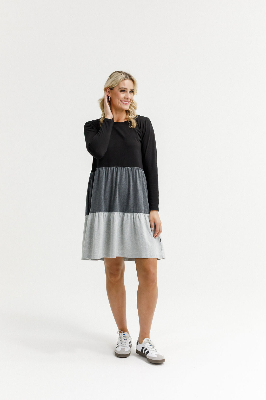 HOME - LEE_LONG SLEEVE KYLIE DRESS - BLACK/CHARCOAL/GREY _ LONG SLEEVE KYLIE DRESS - BLACK/CHARCOAL/GREY _ Ebony Boutique NZ