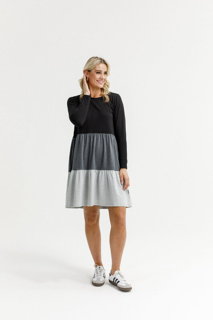 HOME - LEE_LONG SLEEVE KYLIE DRESS - BLACK/CHARCOAL/GREY _ LONG SLEEVE KYLIE DRESS - BLACK/CHARCOAL/GREY _ Ebony Boutique NZ
