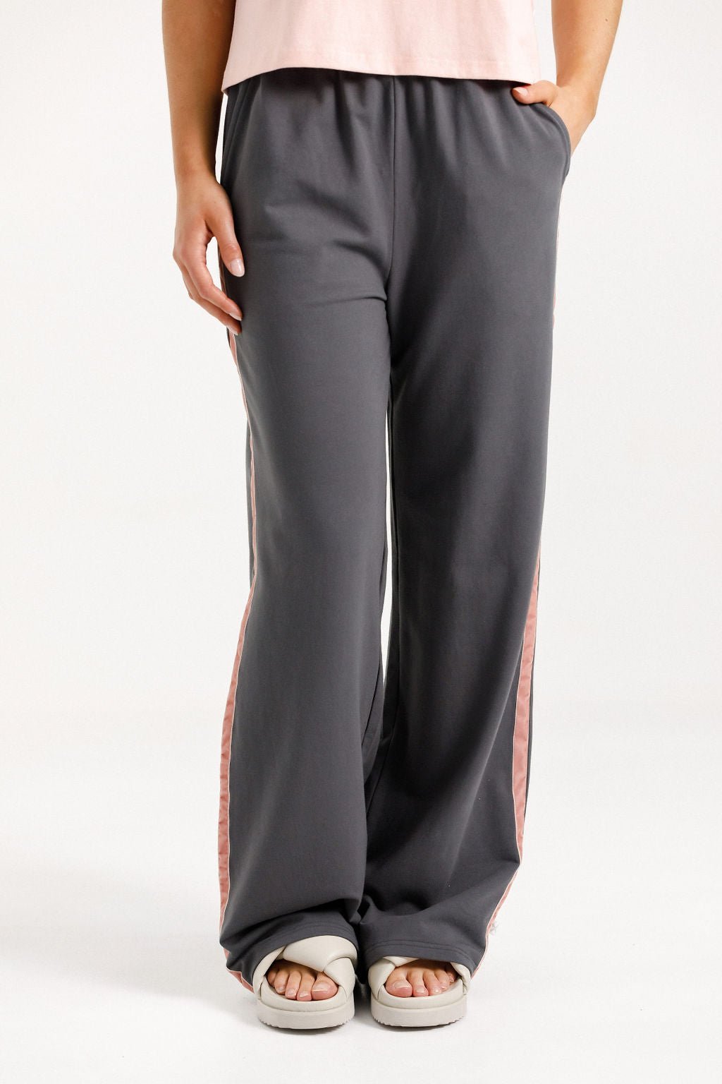 HOME LEE_PALAZZO PANTS GRAPHITE WITH BLOSSOM VELVET RIBBON _ PALAZZO PANTS GRAPHITE WITH BLOSSOM VELVET RIBBON _ Ebony Boutique NZ