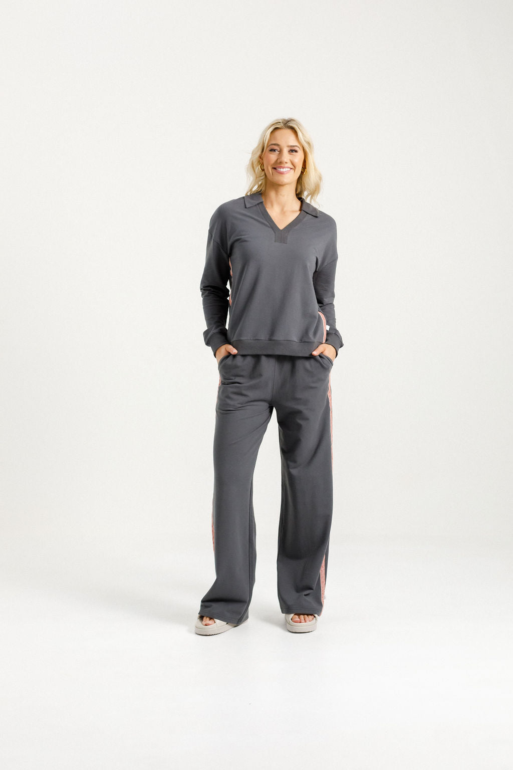 HOME LEE_PALAZZO PANTS GRAPHITE WITH BLOSSOM VELVET RIBBON _ PALAZZO PANTS GRAPHITE WITH BLOSSOM VELVET RIBBON _ Ebony Boutique NZ