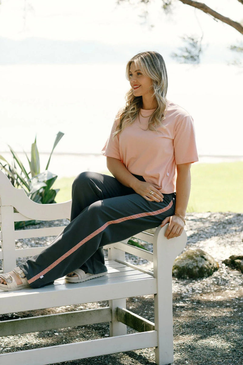 HOME LEE_PALAZZO PANTS GRAPHITE WITH BLOSSOM VELVET RIBBON _ PALAZZO PANTS GRAPHITE WITH BLOSSOM VELVET RIBBON _ Ebony Boutique NZ