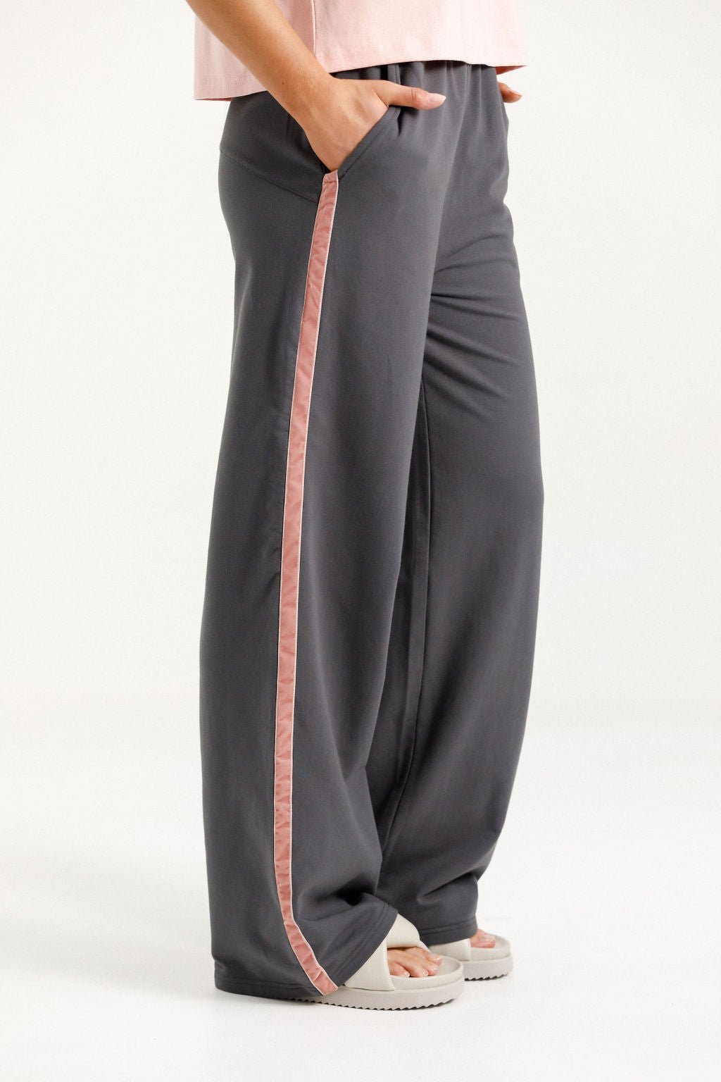 HOME LEE_PALAZZO PANTS GRAPHITE WITH BLOSSOM VELVET RIBBON _ PALAZZO PANTS GRAPHITE WITH BLOSSOM VELVET RIBBON _ Ebony Boutique NZ
