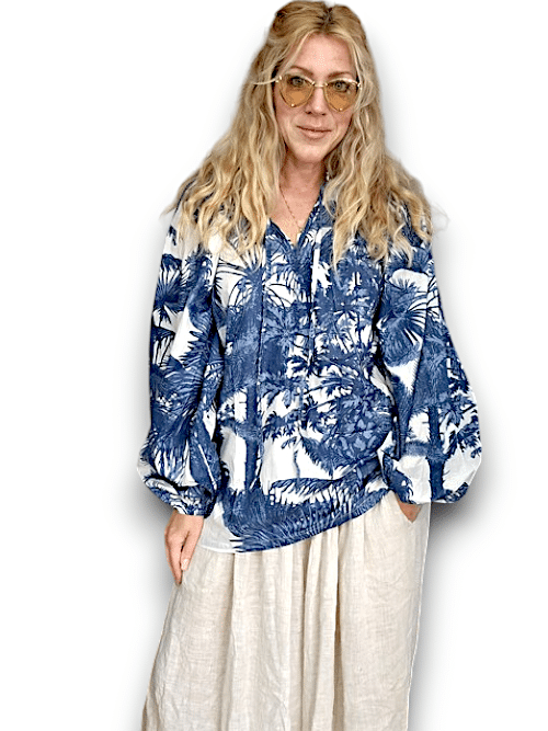 IDA IVY_IDA IVY POUF SLEEVE TUNIC FRENCH JUNGLE BLUE _ IDA IVY POUF SLEEVE TUNIC FRENCH JUNGLE BLUE _ Ebony Boutique NZ