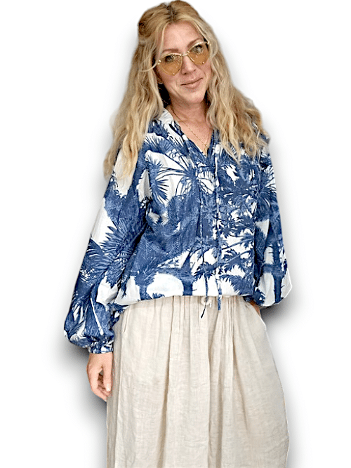 IDA IVY_IDA IVY POUF SLEEVE TUNIC FRENCH JUNGLE BLUE _ IDA IVY POUF SLEEVE TUNIC FRENCH JUNGLE BLUE _ Ebony Boutique NZ