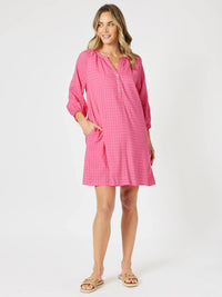 MYKONOS CHECK DRESS PEONY