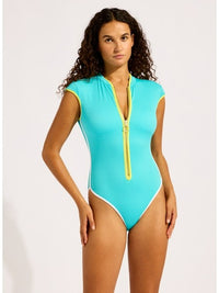 CAP SLEEVE ZIP FRONT ONE PIECE BEACH BOUND ATOLL