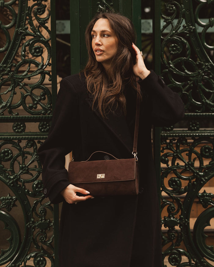 LOUENHIDE_DELANY CLUTCH SUEDETTE CHOCOLATE _ DELANY CLUTCH SUEDETTE CHOCOLATE _ Ebony Boutique NZ