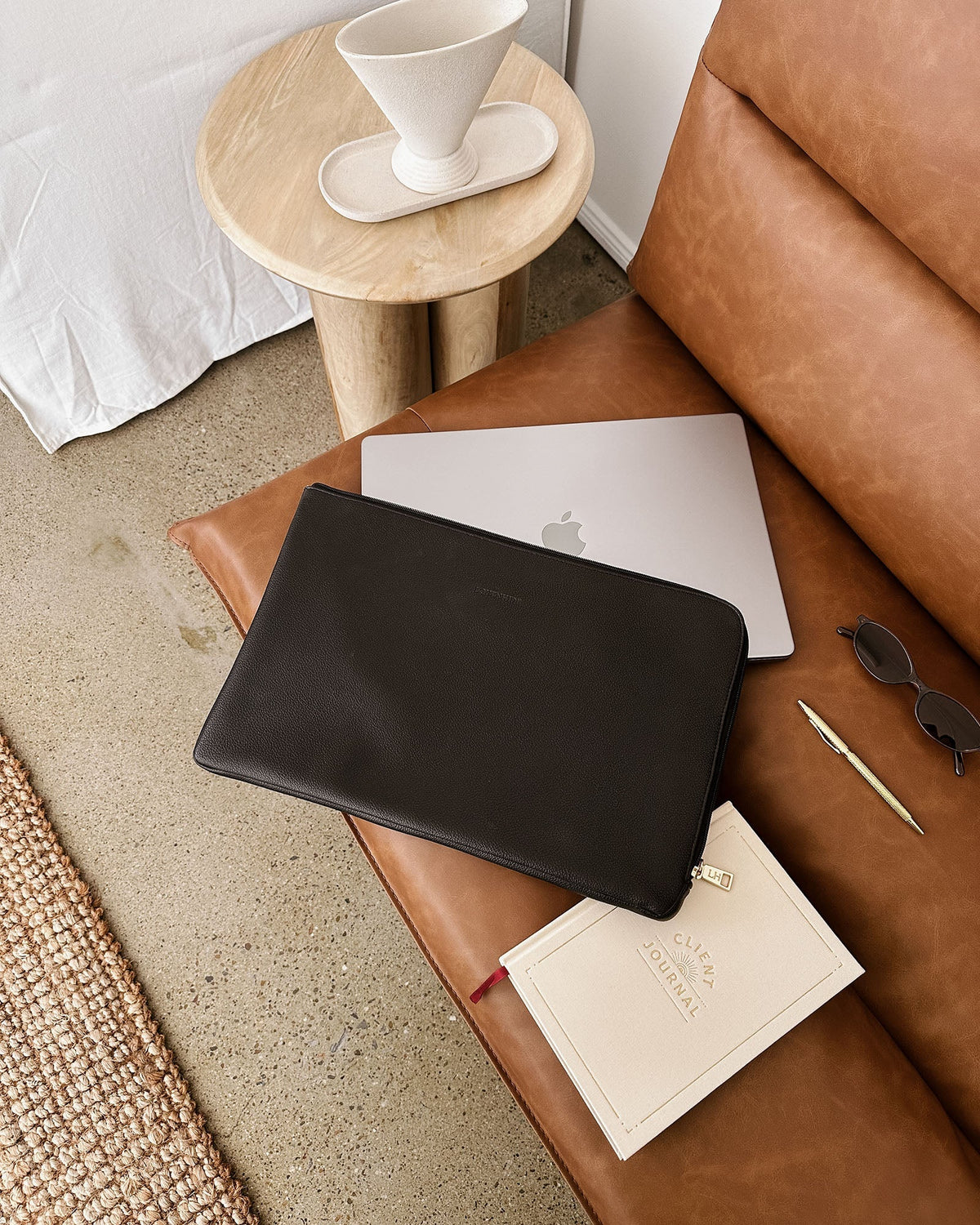 LEIGHTON AND LIV LAPTOP SET BLACK_by_LOUENHIDE_women's_in_New Zealand_ Black structured work tote and laptop sleeve set with top handles and sleek minimalist design _