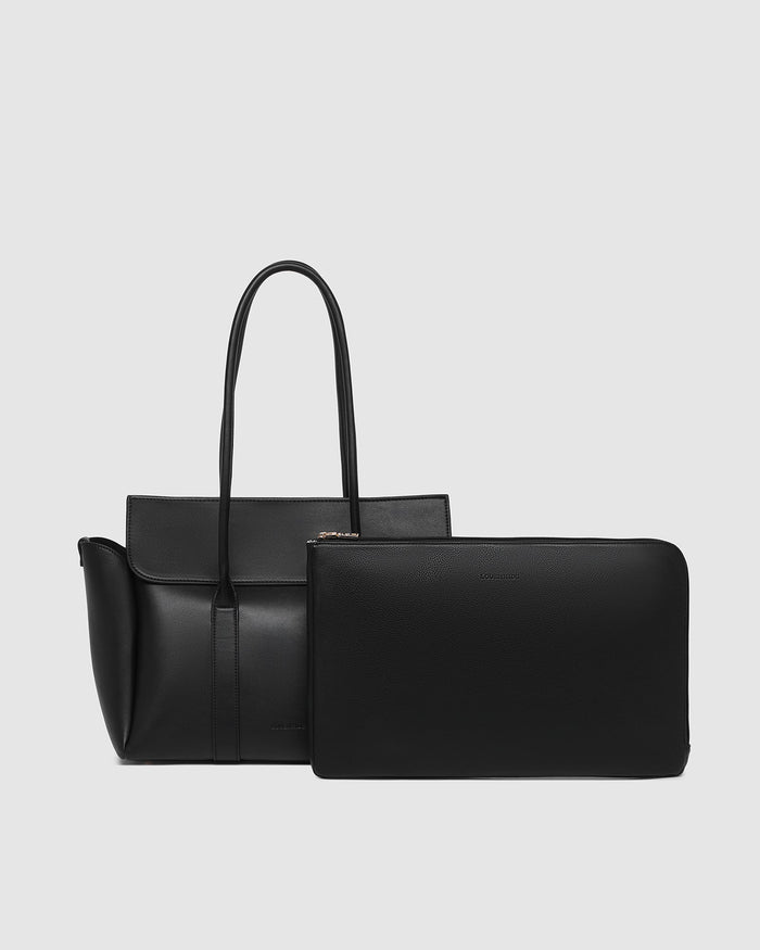 LEIGHTON AND LIV LAPTOP SET BLACK_by_LOUENHIDE_women's_in_New Zealand_ Black vegan leather structured tote bag and matching laptop sleeve set, Louenhide Leighton and Liv work bag duo _