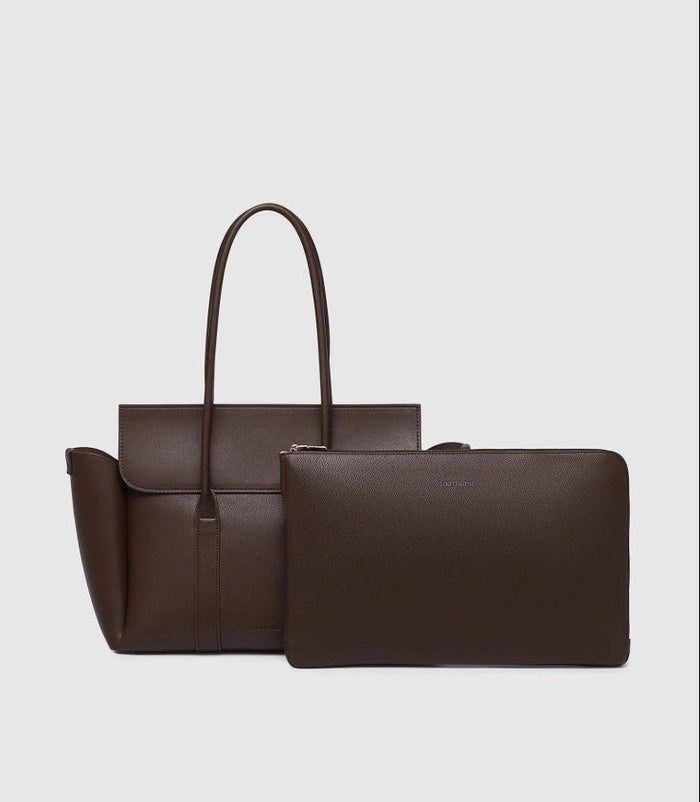 LEIGHTON AND LIV LAPTOP SET CHOCOLATE_by_LOUENHIDE_women's_in_New Zealand_ Louenhide Leighton and Liv laptop set in chocolate vegan leather featuring structured tote bag with matching padded laptop sleeve on clean background _