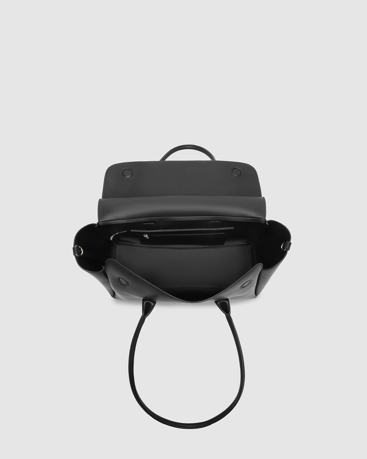 LEIGHTON TOTE BAG BLACK_by_LOUENHIDE_women's_in_New Zealand_ Close up of Louenhide Leighton black tote showing smooth vegan leather and light gold hardware _