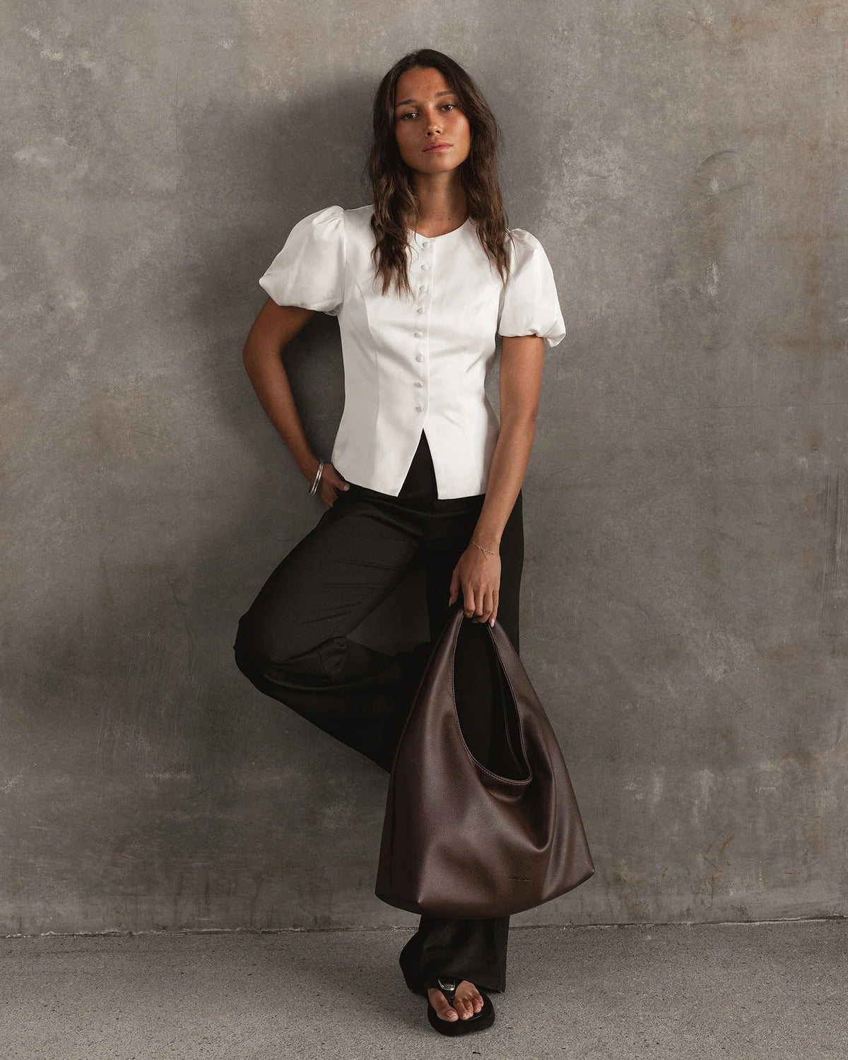 MONACO SHOULDER BAG CHOCOLATE_by_LOUENHIDE_women's_in_New Zealand_ Louenhide Monaco Shoulder Bag styled on model for work, lunch or casual outings in New Zealand showing oversized relaxed fit _