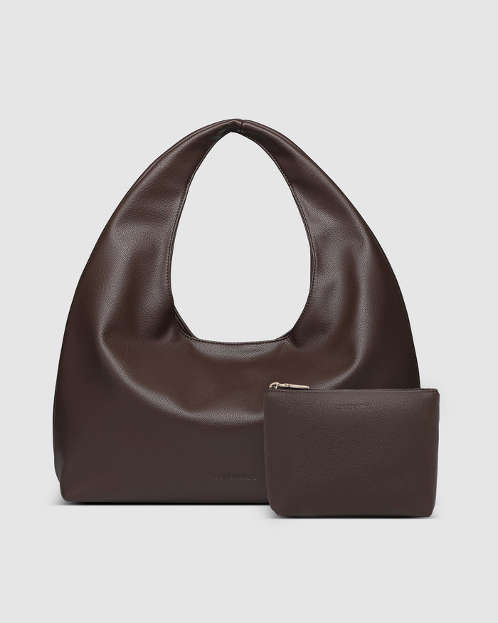 Louenhide Monaco Shoulder Bag and Everyday Pouch Set Chocolate women’s shoulder bag set for work and everyday use in New Zealand featuring soft slouchy silhouette, large capacity and matching organiser pouch