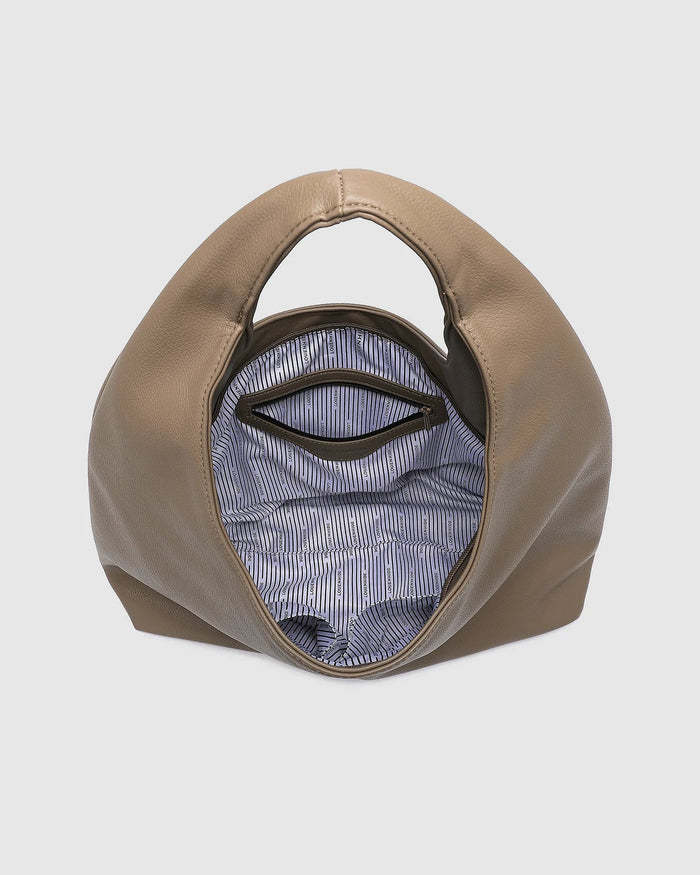 Louenhide Monaco Shoulder Bag and pouch detail showing gold zip hardware, stitching and coordinated Everyday Pouch in mocha tone