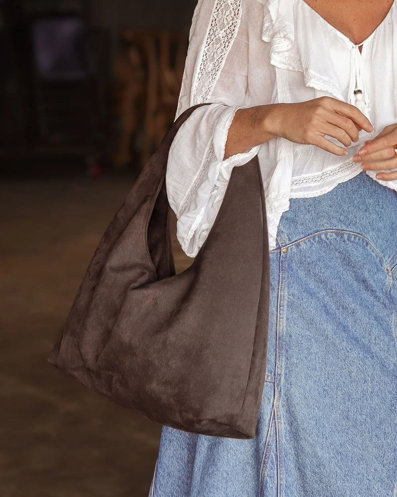 LOUENHIDE_MONACO SHOULDER BAG SUEDETTE CHOCOLATE _ MONACO SHOULDER BAG SUEDETTE CHOCOLATE _ Ebony Boutique NZ