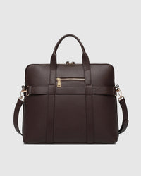 RHODES LAPTOP BAG CHOCOLATE_by_LOUENHIDE_women's_in_New Zealand_ Louenhide Rhodes Chocolate laptop bag back view featuring rear zip pocket and protective base feet _