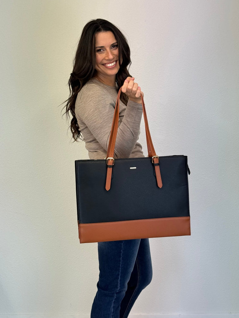 LOVEVOOK_ANNABELLE LAPTOP BAG TWO TONE BLACK/TAN _ ANNABELLE LAPTOP BAG TWO TONE BLACK/TAN _ Ebony Boutique NZ
