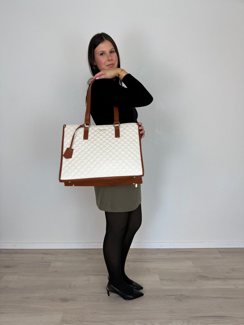 LOVEVOOK_MADDIE LAPTOP COOLER BAG QUILTED VANILLA/TAN _ MADDIE LAPTOP COOLER BAG QUILTED VANILLA/TAN _ Ebony Boutique NZ
